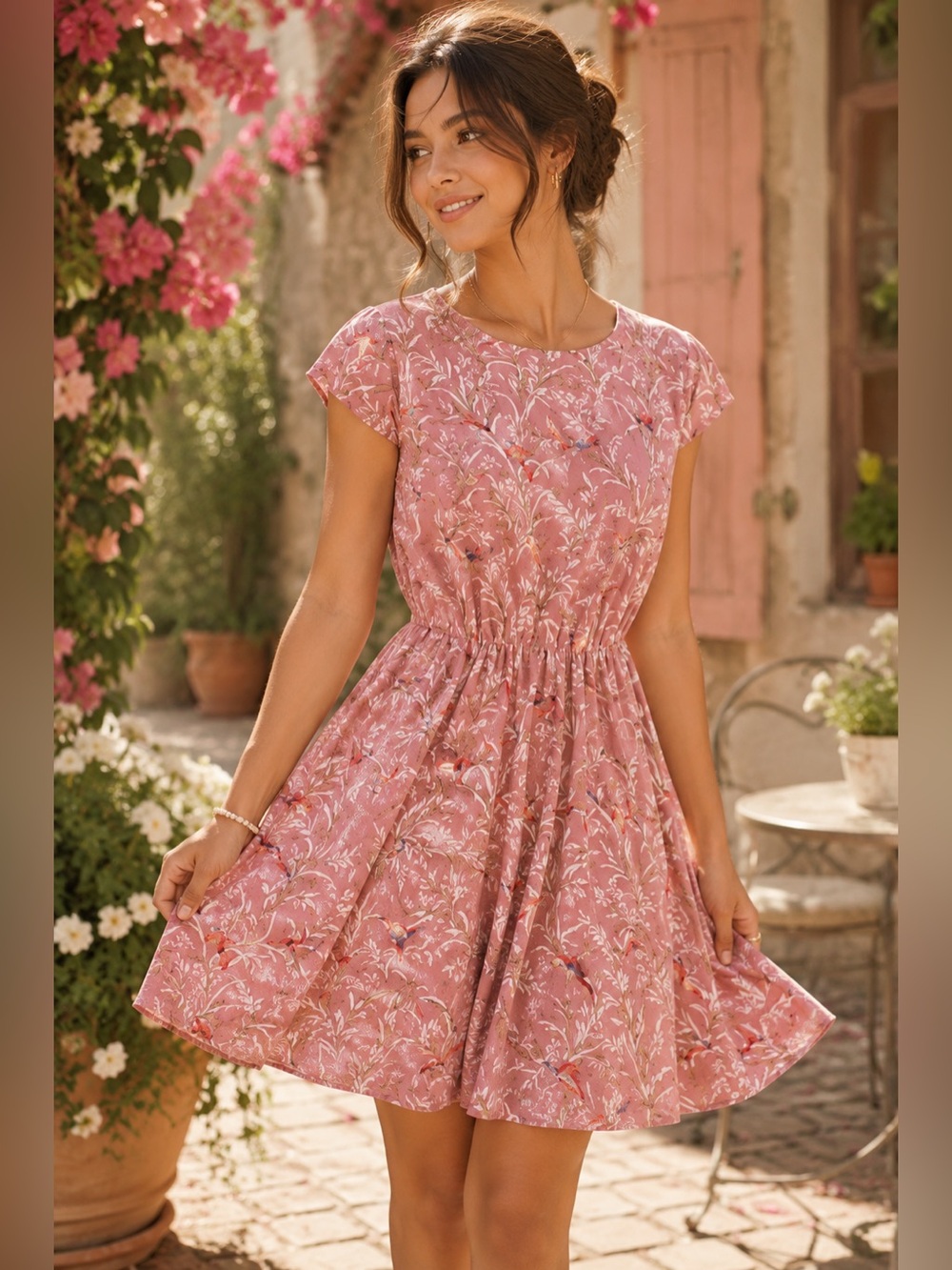 Women’s Pink Bird Print Dress Short Sleeve Fit & Flare Boho Size S/M